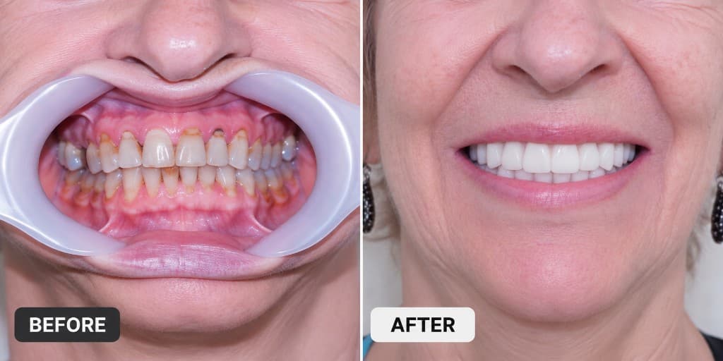 Before and after full mouth restoration: decayed worn teeth extracted and replaced with fixed implant bridges