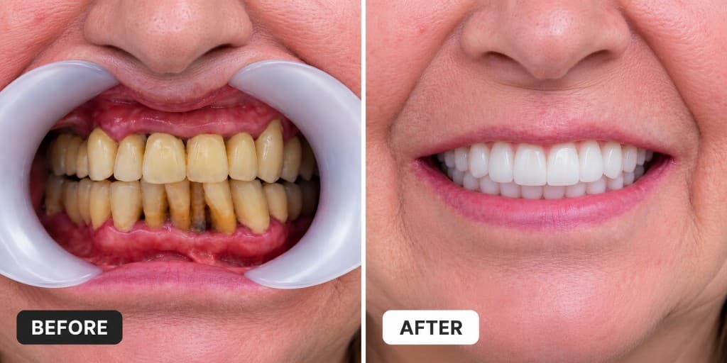 Before and after full mouth restoration: worn stained teeth replaced with fixed implant-supported smile