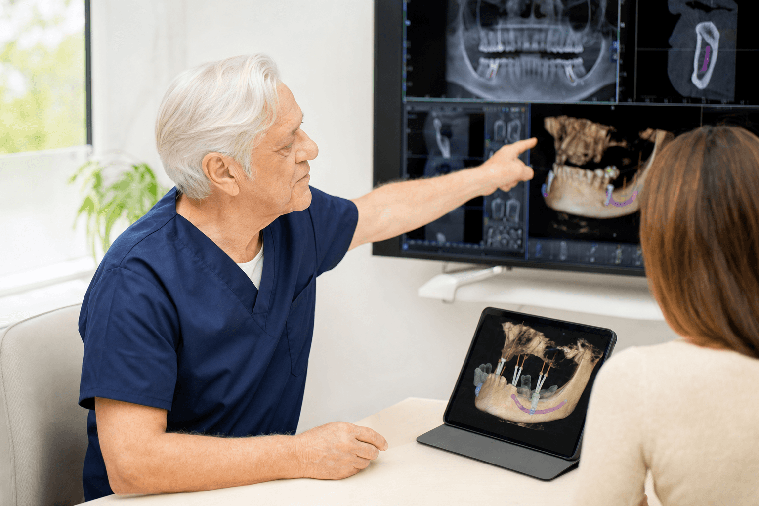 Specialist reviewing a complex jaw CBCT reconstruction with a patient