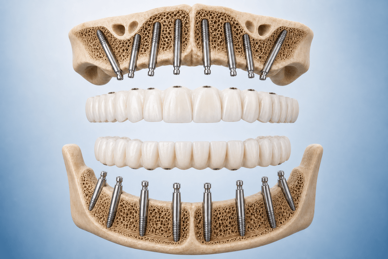 Full mouth restoration: upper and lower jaws with MONOIMPLANT Smooth one-piece basal implants and clean zirconia hybrid bridges