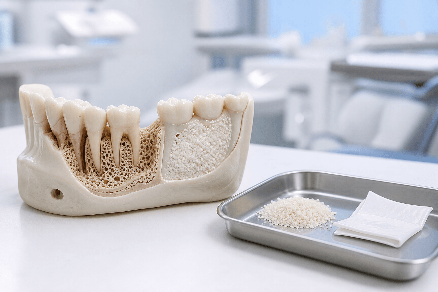 Anatomical jaw model showing severe bone loss beside a regenerated foundation